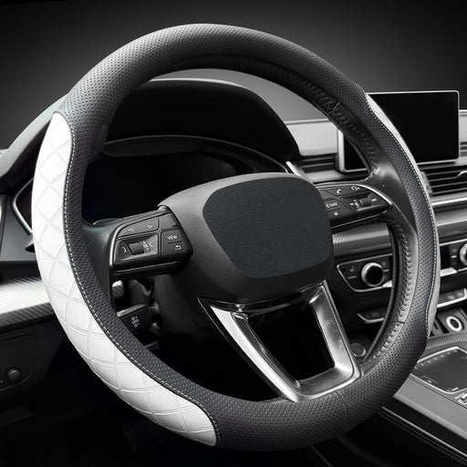 Nappa Leather Steering Wheel Cover, Elegant Diamond Checkered Design, Non-Slip Wear-Resistant, Enhance Driving Comfort, Suitable for Steering Wheel Diameter 14 1/2‘-15’ Models.Black White