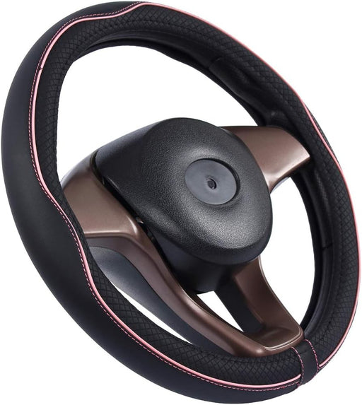 Universal Standard Size Steering Wheel Cover Anti-Slip,Safety,Soft,Breathable,Durable,Full Surround,Comfortable Grip Microfiber Leather (14.5-15 Inch,Black Pink)