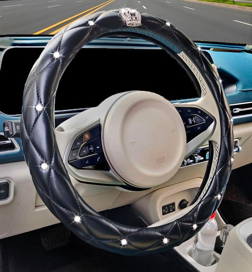 Full Sparkly Rhinestone Car Steering Wheel Cover Universal Leather Steering Wheel Cover Auto Car Styling Interior Decor Accessories (Black Crown)