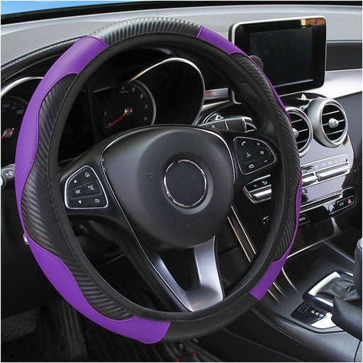Car Steering Wheel Cover, 15 Inch Carbon Fiber Microfiber PU Leather Elastic Steering Wheel Protector for Men Women, Anti-Slip Breathable Car Interior Accessories for Most Cars (Purple)