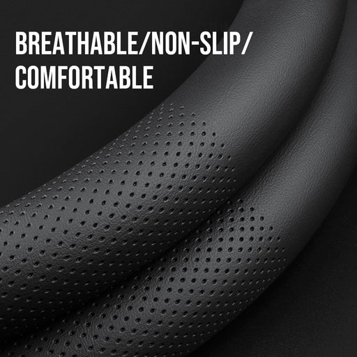 Leather Car Steering Wheel Cover, Ultra-Thin, Comfortable, Non-Slip, Breathable, Universal 15 Inches (Black)