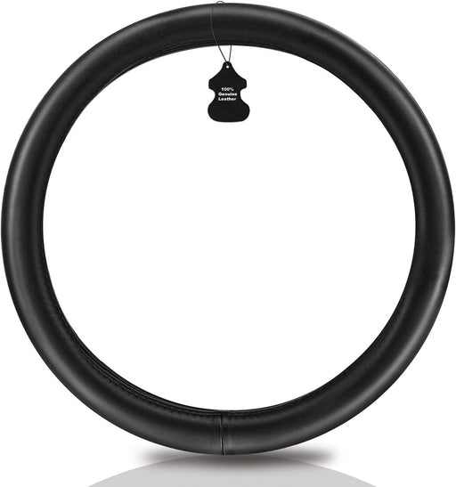 Heavy Duty Pure Cowhide Steering Wheel Cover, Black Genuine Leather Steering Wheel Cover Men Women Universal 14.5 to 15 Inch