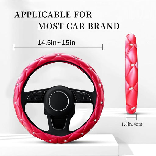 Leather Car Steering Wheel Cover, Studded Bling Diamond Steering Wheel Protector, Universal 14.5-15" Red Car Accessories for Women, Fit Vehicles, Sedans, Suvs, Vans, Trucks