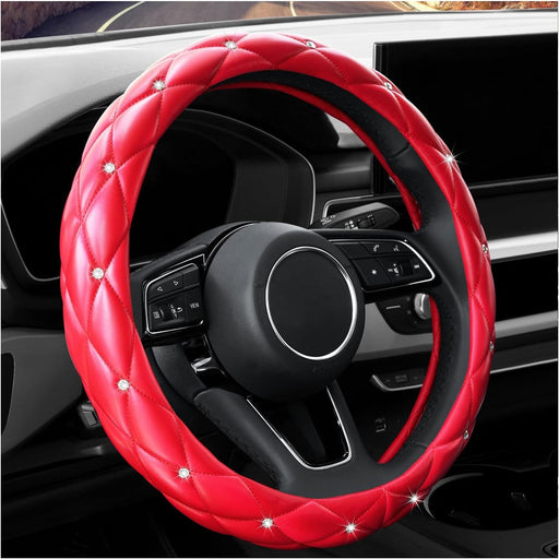 Leather Car Steering Wheel Cover, Studded Bling Diamond Steering Wheel Protector, Universal 14.5-15" Red Car Accessories for Women, Fit Vehicles, Sedans, Suvs, Vans, Trucks