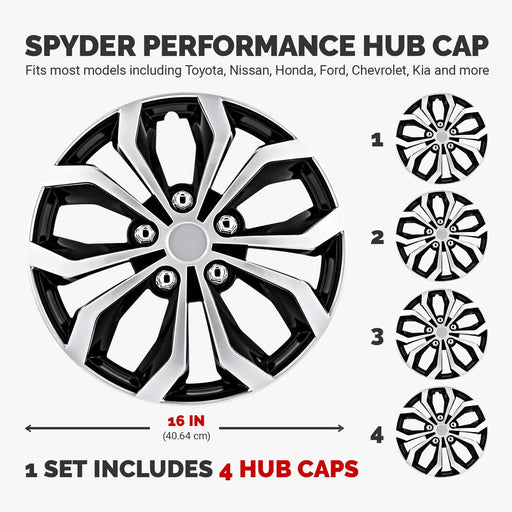 Automotive WH553-16S-BS 16 Inch Spyder Black & Silver Universal Hubcap Wheel Covers for Cars - Set of 4 - Fits Most Cars