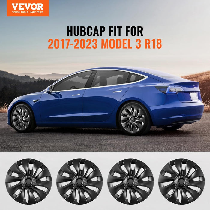 Tesla Model 3 Wheel Covers Hubcaps 18 Inch, 2017-2023 Model 3 Fully Fit Hubcap with Snap Set of 4 Same Side, Guard Tape & Valve Nozzle Hole, ABS & PC Hubcap with Less Wind Drag