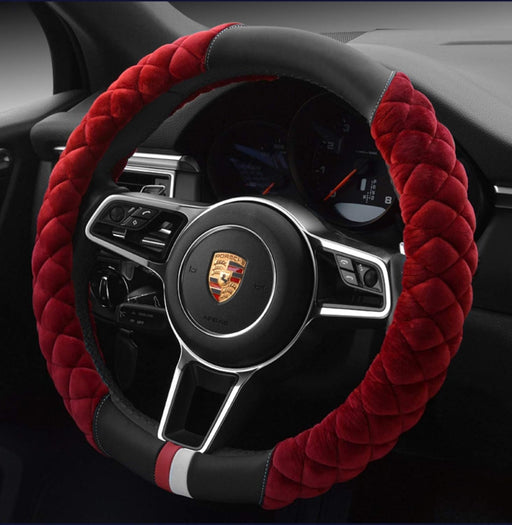 Fluffy Steering Wheel Cover Soft, Short Plush Red Steering Wheel Cover for Women with Universal 14.5-15 Inch