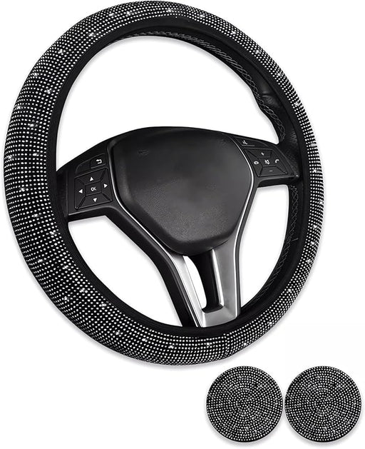 Diamond Leather Bling Steering Wheel Cover, Universal Car Steering Wheel Protector with Crystal Rhinestones Anti-Slip Soft Interior Accessories for Women and Girl Fit 15 Inch -Black