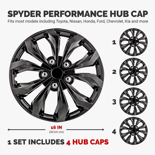 Automotive WH555-16GM-B 16 Inch Spyder Gunmetal Grey Universal Hubcap Wheel Covers for Cars - Set of 4 - Fits Most Cars