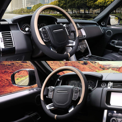 Breathable Car Steering Wheel Cover 16 Inch Auto Universal Leather Wrap Non-Slip Steeringwheel Protector Automotive Interior Accessories, Beige (Suit for 15.5-16 Inch)