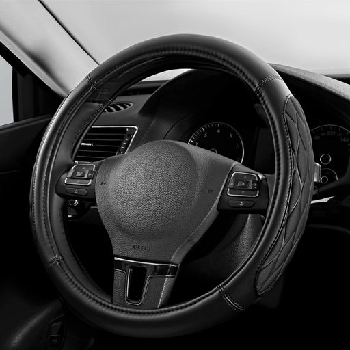Steering Wheel Cover, Black Thick Rhombic Foam and Premium Leather, Universal 14.5-15.5 Inch Breathable Anti-Slip Steering Wheels Accessories for Men & Women