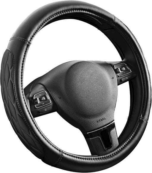 Steering Wheel Cover, Black Thick Rhombic Foam and Premium Leather, Universal 14.5-15.5 Inch Breathable Anti-Slip Steering Wheels Accessories for Men & Women