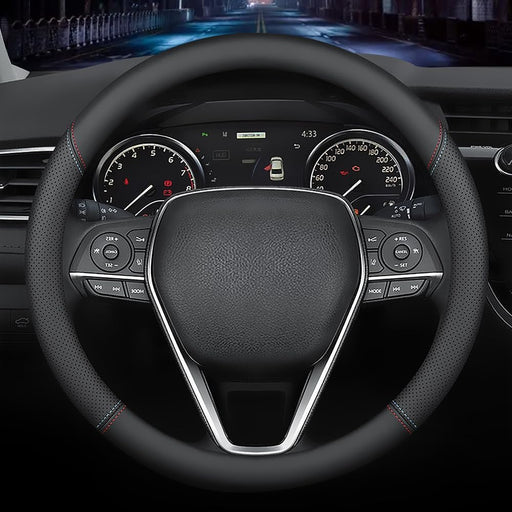 Nappa Premium Leather Car Steering Wheel Cover, Non-Slip, Breathable, Universal 15 Inches (Red Blue Line)