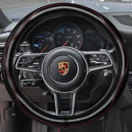 Top Grade Black Genuine Leather Steering Wheel Cover Men Women, Luxury Steering Wheel Cover for Cars, SUVS and Trucks, Universal 14.5-15 Inch