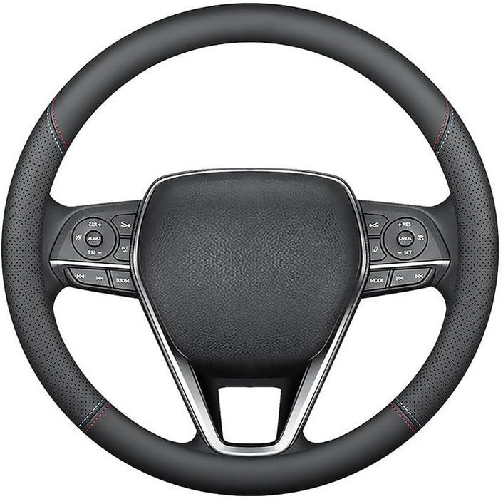 Nappa Premium Leather Car Steering Wheel Cover, Non-Slip, Breathable, Universal 15 Inches (Red Blue Line)