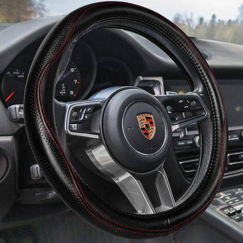 Leather Steering Wheel Cover Universal 15 Inch – Premium Anti-Slip Car Steering Wheel Cover for Cars, SUVs & Trucks – Soft Genuine Leather, Black with Red Stitching