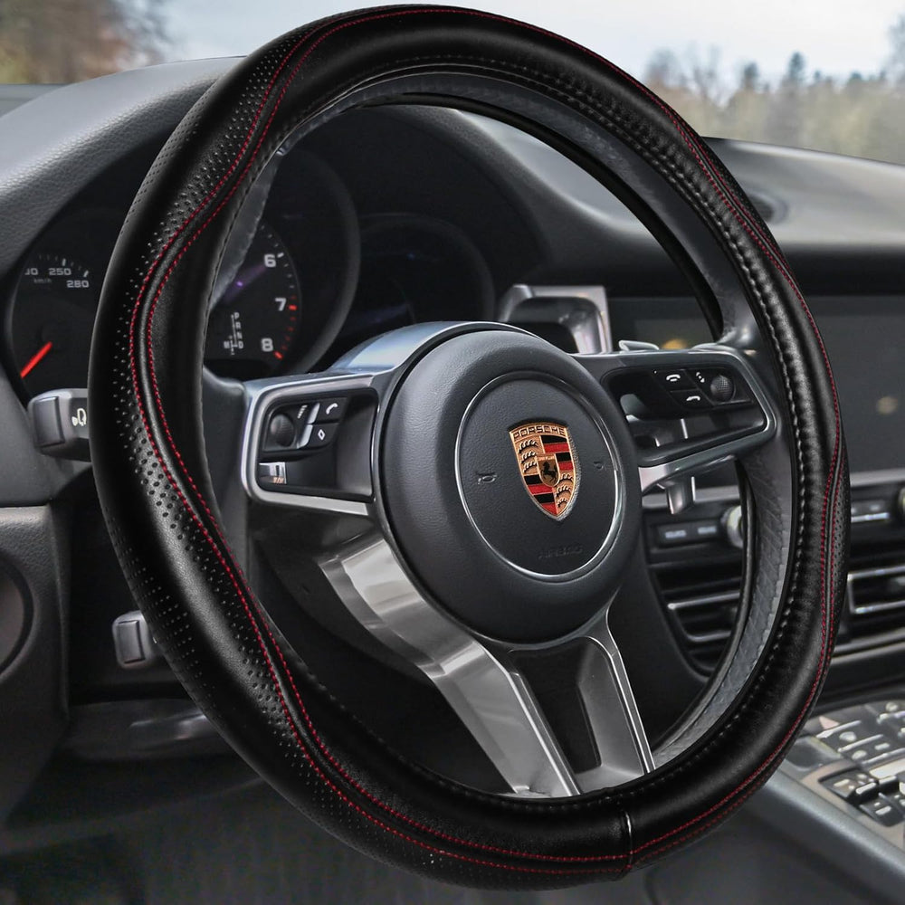 Top Grade Black Genuine Leather Steering Wheel Cover Men Women, Luxury Steering Wheel Cover for Cars, SUVS and Trucks, Universal 14.5-15 Inch