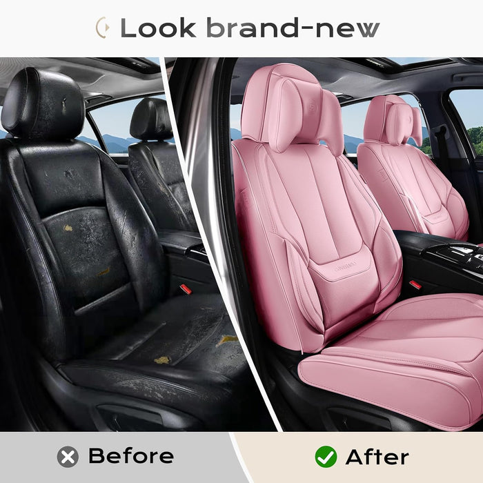 Universal Car Seat Covers Full Set – Waterproof Nappa Leather Seat Covers for Cars, SUVs & Trucks, Luxury Interior Protection with Head Pillows, Pink