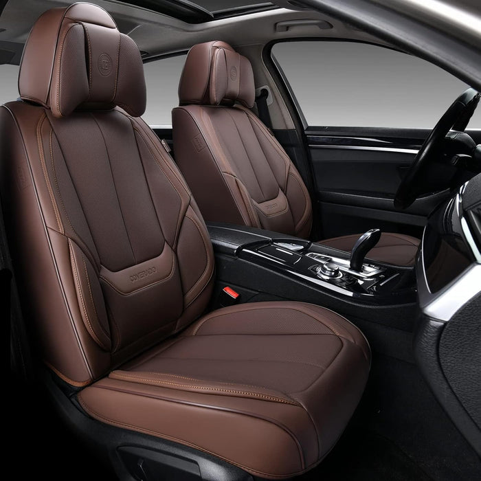 **Universal Waterproof Nappa Leather Car Seat Covers Full Set for 5 Seats – Front & Rear Auto Seat Protectors with Head Pillows, Airbag Compatible, Fits Most Cars, SUVs & Trucks, Brown**
