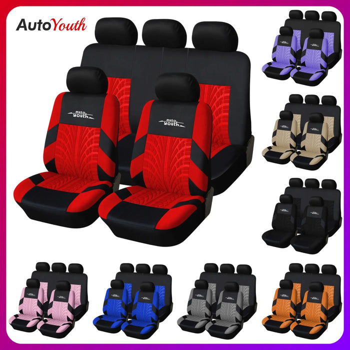 Car Seat Covers for 5 Seats Universal, Fabric Breathable Car Front & Rear Seat Protectors, with Tire Track Details, Airbag Compatible, Full Protection, Fits Most Cars Trucks Vans Suvs, Red Vehicle Seat Covers, Truck Accessories, Car Interior Accessories