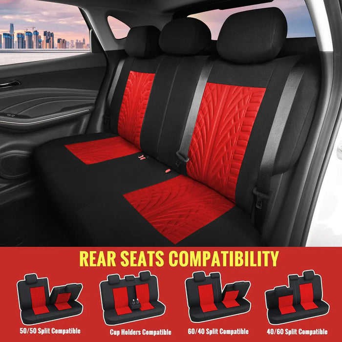 Car Seat Covers for 5 Seats Universal, Fabric Breathable Car Front & Rear Seat Protectors, with Tire Track Details, Airbag Compatible, Full Protection, Fits Most Cars Trucks Vans Suvs, Red Vehicle Seat Covers, Truck Accessories, Car Interior Accessories