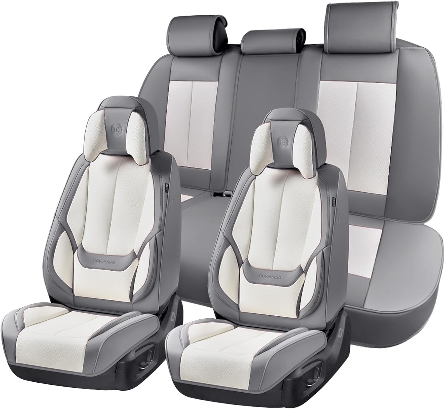 **Universal Waterproof Nappa Leather Car Seat Covers Full Set for 5 Seats – Luxury Seat Protectors with Head Pillows, Airbag Compatible, Universal Fit for Cars, SUVs & Trucks, Gray & White*