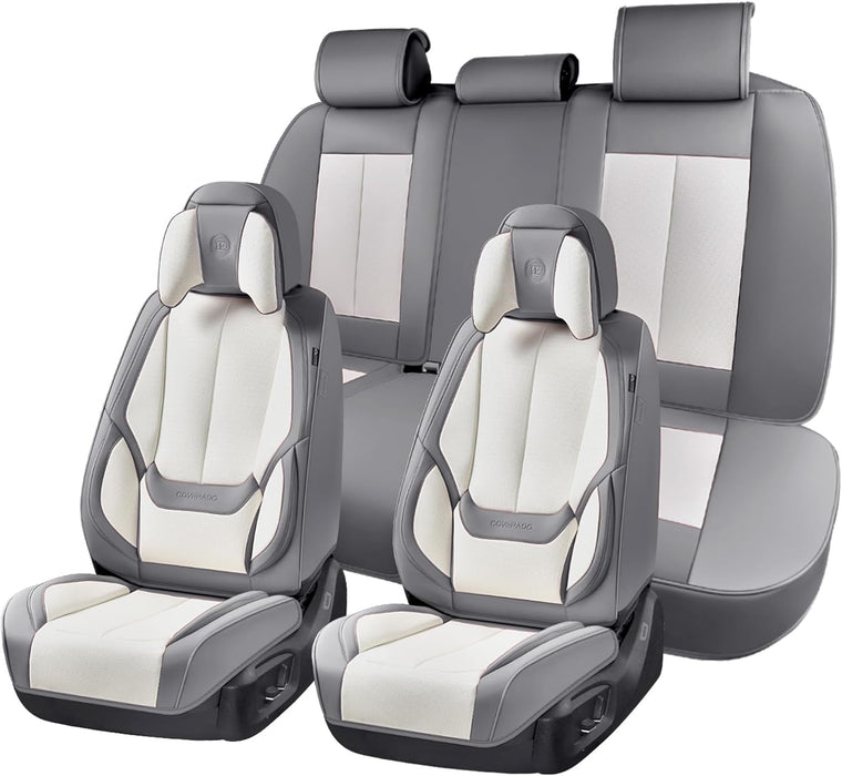 **Universal Waterproof Nappa Leather Car Seat Covers Full Set for 5 Seats – Luxury Seat Protectors with Head Pillows, Airbag Compatible, Universal Fit for Cars, SUVs & Trucks, Gray & White*