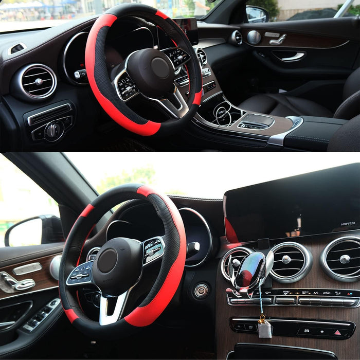 Black and Red Steering Wheel Cover Microfiber Leather Sporty Car Accessories for Men and Women,Breathable Non-Slip Universal Fit 14 1/2-15 Inch