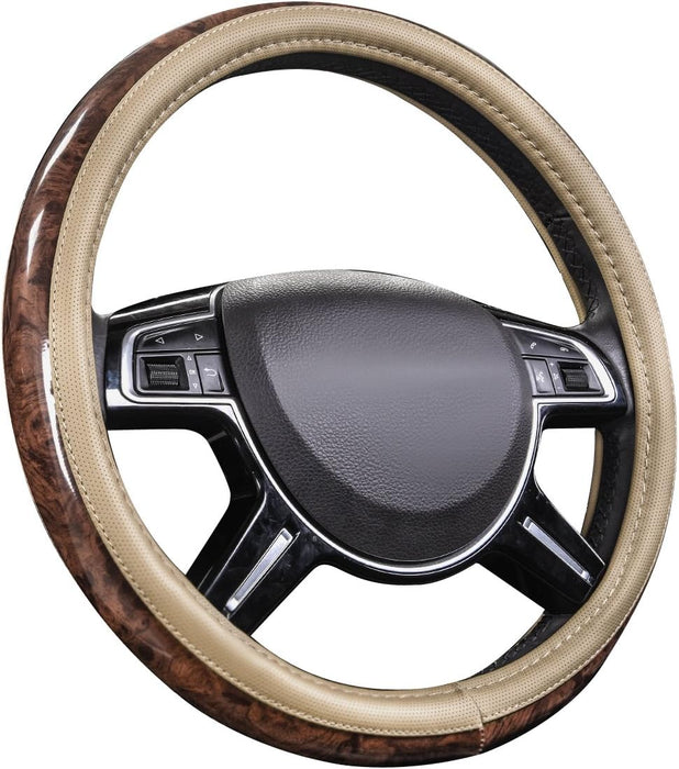 Wood Grain Microfiber Leather Steering Wheel Cover, Universal Fit for 14 1/2-15 Inch Beige Steering Wheel, Anti-Slip Veins Design, Cars,Suvs,Minivans, Sedans (Beige)