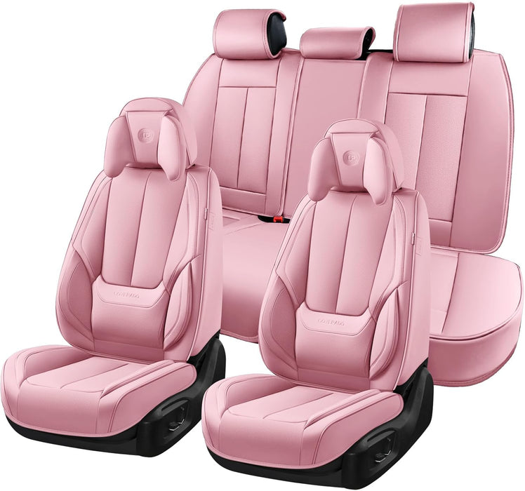 Universal Car Seat Covers Full Set – Waterproof Nappa Leather Seat Covers for Cars, SUVs & Trucks, Luxury Interior Protection with Head Pillows, Pink