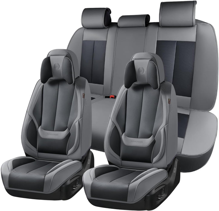  Leather Seat Covers Full Set, 5 Seats Seat Covers for Cars, Waterproof Nappa Leather Car Seat Covers with Head Pillow, Seat Protectors Car Seat Cushion Universal Fit for Most Cars (Gray&Black)