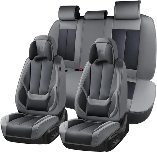  Leather Seat Covers Full Set, 5 Seats Seat Covers for Cars, Waterproof Nappa Leather Car Seat Covers with Head Pillow, Seat Protectors Car Seat Cushion Universal Fit for Most Cars (Gray&Black)