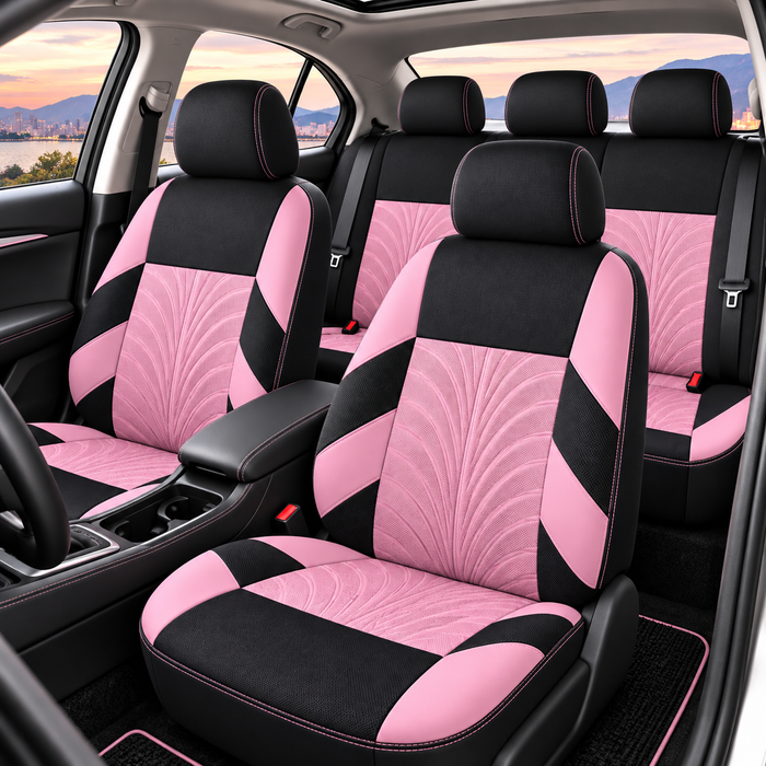 Car Seat Covers for 5 Seats Universal, Fabric Breathable Car Front & Rear Seat Protectors, with Tire Track Details.