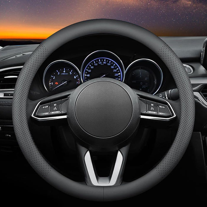 Leather Car Steering Wheel Cover, Ultra-Thin, Comfortable, Non-Slip, Breathable, Universal 15 Inches (Black)