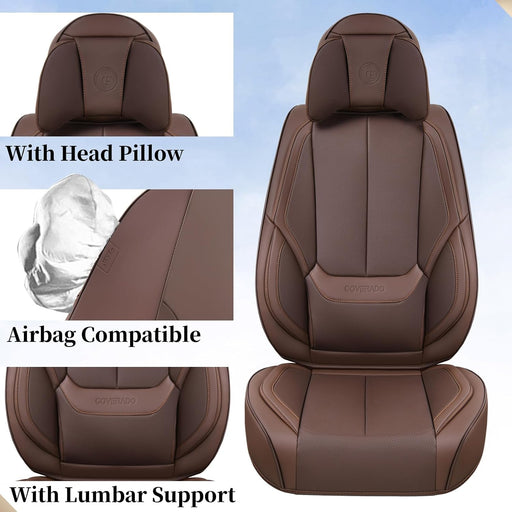 **Universal Waterproof Nappa Leather Car Seat Covers Full Set for 5 Seats – Front & Rear Auto Seat Protectors with Head Pillows, Airbag Compatible, Fits Most Cars, SUVs & Trucks, Brown**