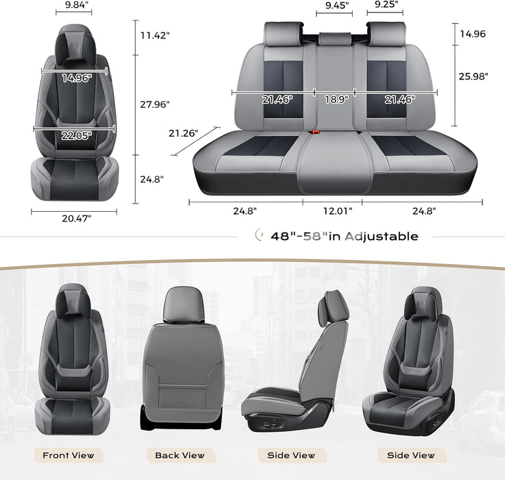 Leather Seat Covers Full Set, 5 Seats Seat Covers for Cars, Waterproof Nappa Leather Car Seat Covers with Head Pillow, Seat Protectors Car Seat Cushion Universal Fit for Most Cars (Gray&Black)