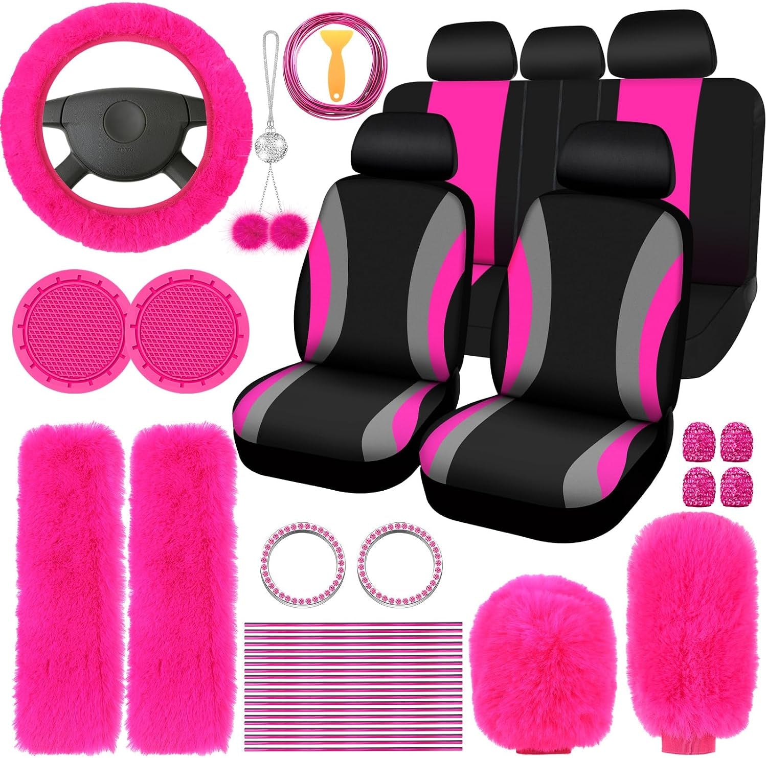 43 Pcs Car Seat Cover Full Set for Women Christmas Fuzzy Car Accessories Fluffy Steering Wheel Cover Front Rear & Belt Handbrake Shift Accessory for Winter (Rose Red)