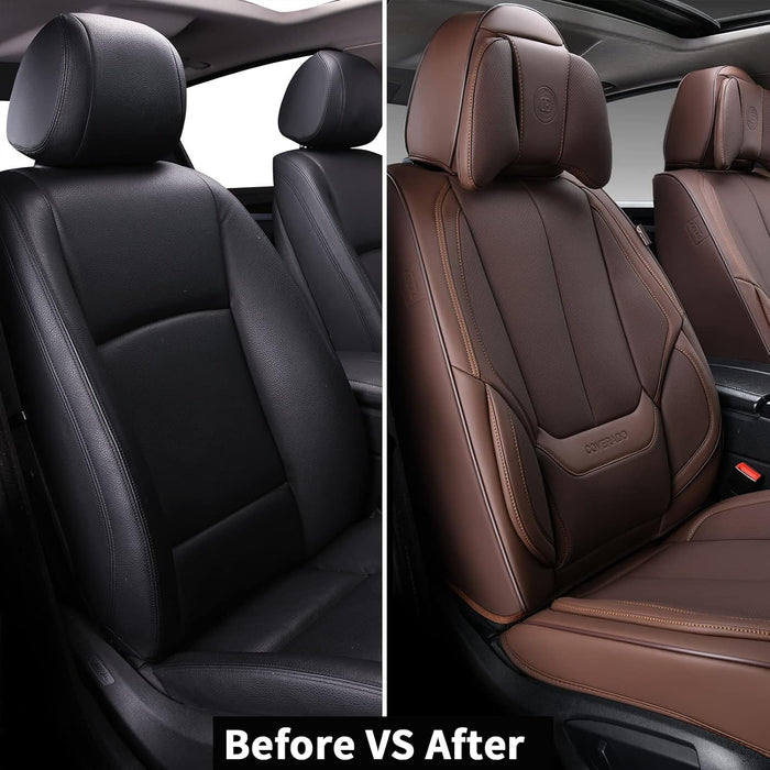 **Universal Waterproof Nappa Leather Car Seat Covers Full Set for 5 Seats – Front & Rear Auto Seat Protectors with Head Pillows, Airbag Compatible, Fits Most Cars, SUVs & Trucks, Brown**