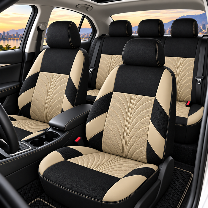 Car Seat Covers for 5 Seats Universal, Fabric Breathable Car Front & Rear Seat Protectors, with Tire Track Details.
