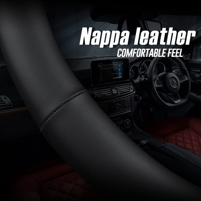 Nappa Premium Leather Car Steering Wheel Cover, Non-Slip, Breathable, Universal 15 Inches (Red Blue Line)