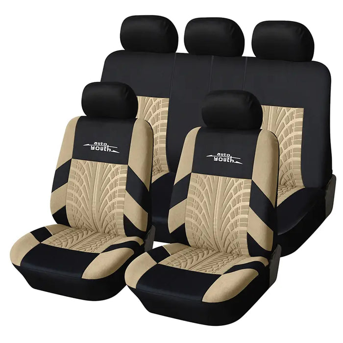 Car Seat Covers for 5 Seats Universal, Fabric Breathable Car Front & Rear Seat Protectors, with Tire Track Details, Airbag Compatible, Full Protection, Fits Most Cars Trucks Vans Suvs, Red Vehicle Seat Covers, Truck Accessories, Car Interior Accessories