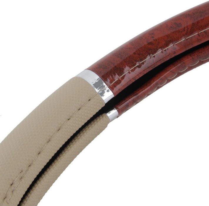 Dark Wood Grain Car Steering Wheel Cover, Standard 15 Inch with Beige Faux Leather Grip, Made to Fit Most Auto Truck Van SUV