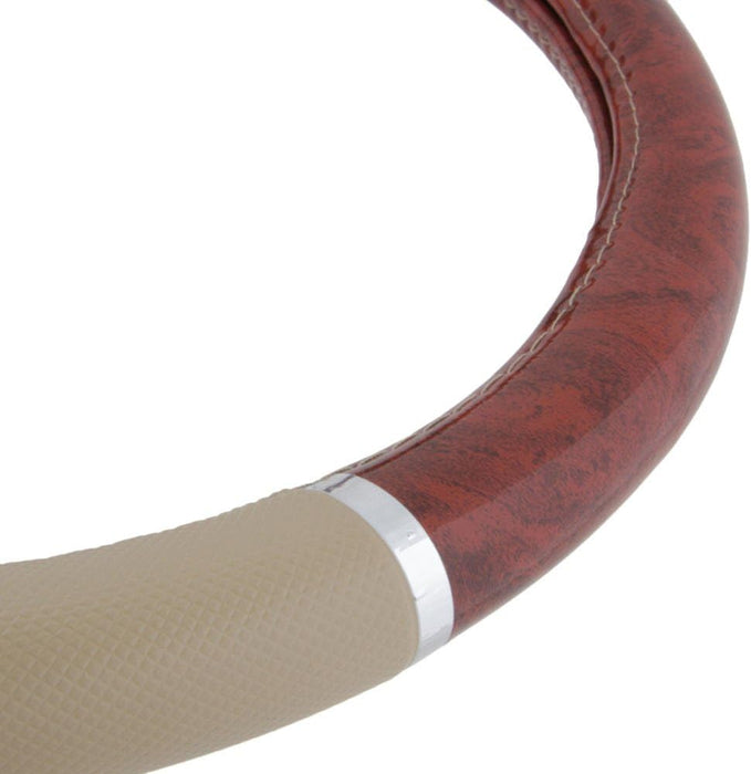 Dark Wood Grain Car Steering Wheel Cover, Standard 15 Inch with Beige Faux Leather Grip, Made to Fit Most Auto Truck Van SUV