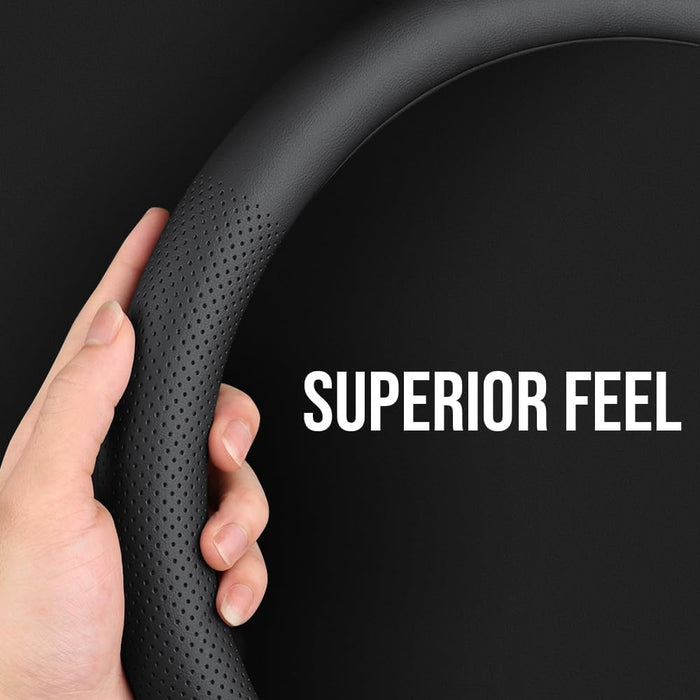 Leather Car Steering Wheel Cover, Ultra-Thin, Comfortable, Non-Slip, Breathable, Universal 15 Inches (Black)