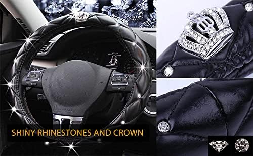 Full Sparkly Rhinestone Car Steering Wheel Cover Universal Leather Steering Wheel Cover Auto Car Styling Interior Decor Accessories (Black Crown)