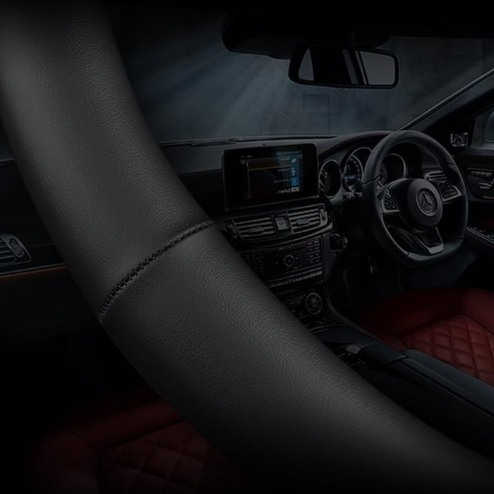 Leather Car Steering Wheel Cover, Ultra-Thin, Comfortable, Non-Slip, Breathable, Universal 15 Inches (Black)