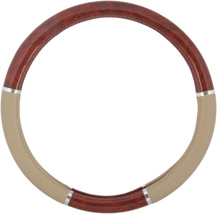 Dark Wood Grain Car Steering Wheel Cover, Standard 15 Inch with Beige Faux Leather Grip, Made to Fit Most Auto Truck Van SUV