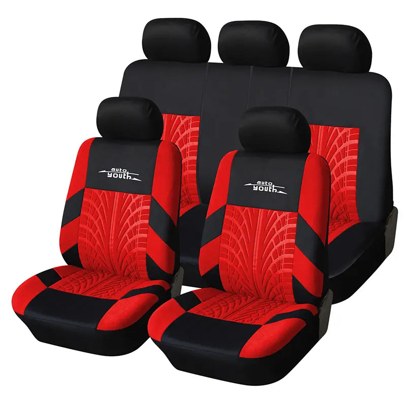 Car Seat Covers for 5 Seats Universal, Fabric Breathable Car Front & Rear Seat Protectors, with Tire Track Details, Airbag Compatible, Full Protection, Fits Most Cars Trucks Vans Suvs, Red Vehicle Seat Covers, Truck Accessories, Car Interior Accessories