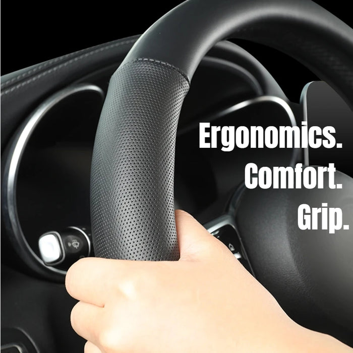 15 Inch Universal Premium PU Leather Steering Wheel Cover, Full Wrap Anti-Slip and Breathable Design for Car, Black
