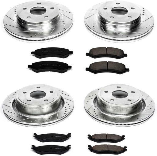 Front and Rear Brake Kit for Chrysler Aspen 2007-09 |Dodge Durango 2007-09 |Ram 1500 2006-10 |Ram 1500 2011-18 - Drilled and Slotted Disc Rotors with Ceramic Brake Pads Replacement, K2164